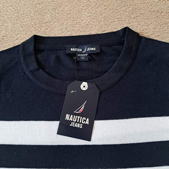 Nautica Jeans Striped Sweater Women's XS Navy Blue White Stripe Lightweight Knit - Picture 12 of 13